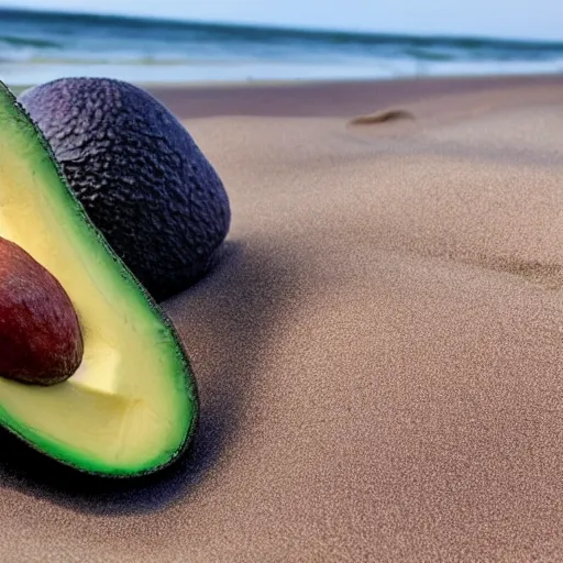 Prompt: avacado in a swimsuit on a beach