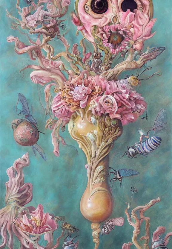 Image similar to a biomorphic painting of a vase with flowers and eyeballs in it, a surrealist painting by marco mazzoni, by dorothea tanning, pastel blues and pinks, featured on artstation, metaphysical painting, oil on canvas, fluid acrylic pour art, airbrush art, bees, seapunk, rococo, lovecraftian