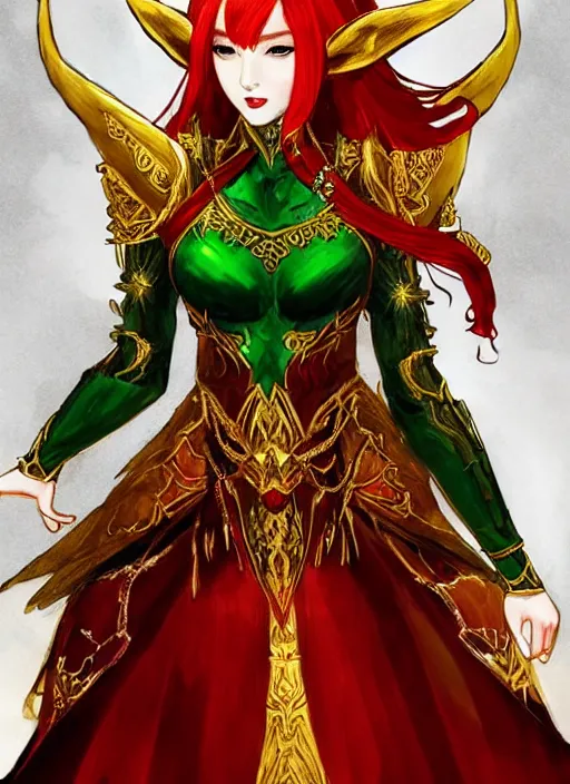 Image similar to Full body portrait of a beautiful red haired elven queen wearing red, green and gold ceremonial queen dress and elaborate golden crown. In style of Yoji Shinkawa and Hyung-tae Kim, trending on ArtStation, dark fantasy, great composition, concept art, highly detailed.