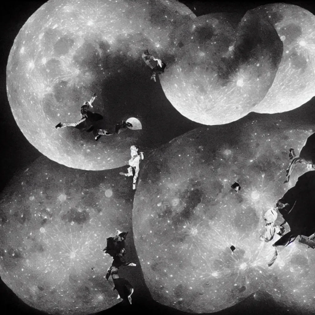 Prompt: the man in the moon is struck by a spacecraft in the 1 9 0 2 fantasy film le voyage dans la lune