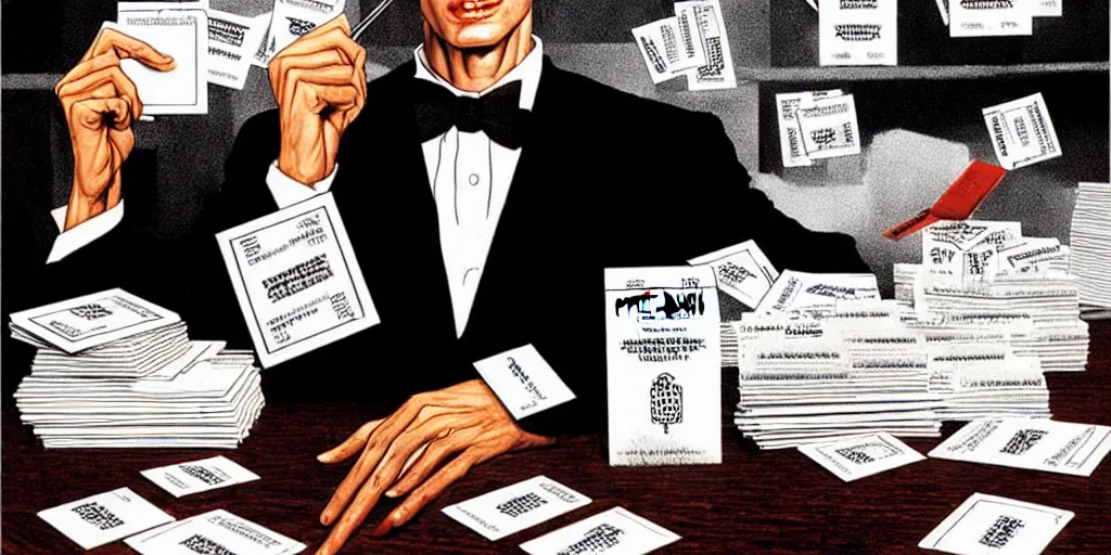 Prompt: patrick bateman, detailed fantasy art, sitting with stacks of business cards, american psycho