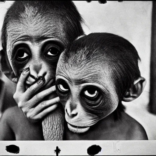 Prompt: photorealism of Monkeypox is a viral zoonosis (a virus transmitted to humans from animals) by Diane Arbus depressing, frustrated detailed, high definition chaotic, micro details wide angle lens dark lighting
