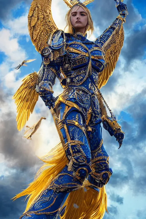 Image similar to realistic detailed photo of angelic valkyrie, soaring through the sky, blue eyes, woven armour with bird sigil, intricate complexity, Behance, golden ratio, fibanci background, vray, rich deep colors