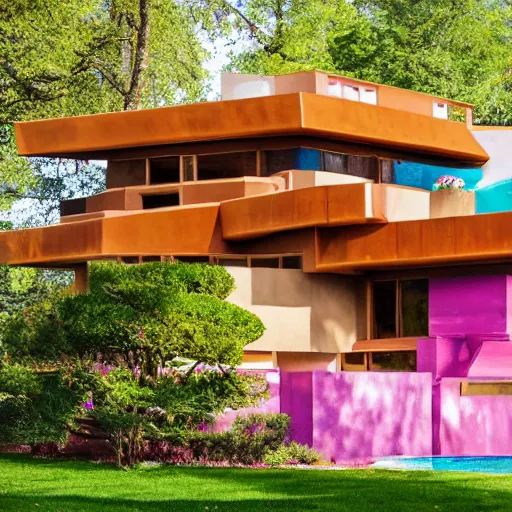 Image similar to a house designed by lisa frank and frank lloyd wright