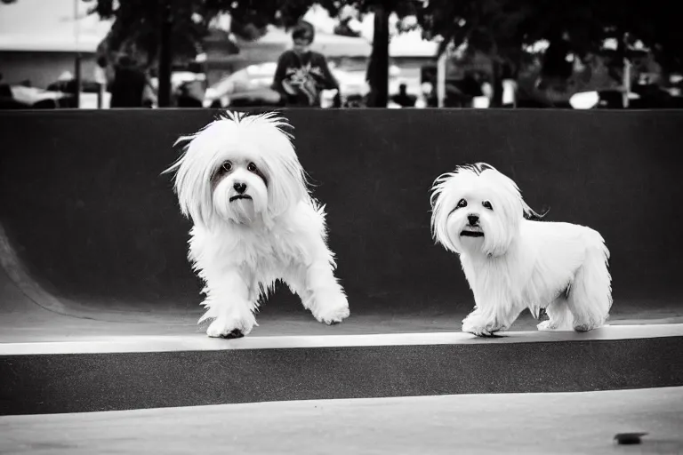 Image similar to “a cream colored havanese dog doing tricks at a skate park, street photography”