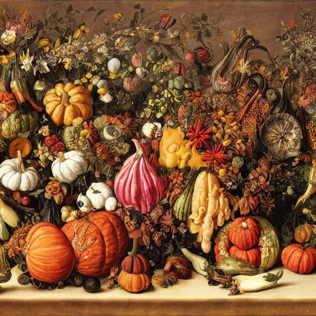 Image similar to victorian thanksgiving feast, flowers and gourds, black background, vanitas, still life by giuseppe arcimboldo, intricate high detail masterpiece