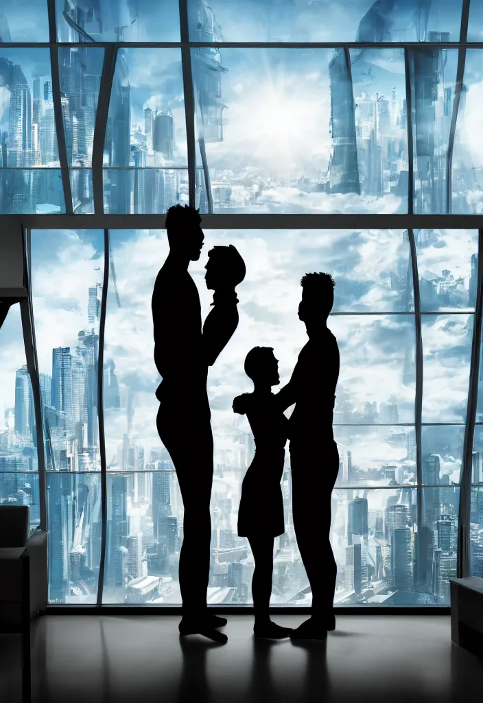 Image similar to silhouette of hugging couple in a futuristic appartment, window with a futuristic city, rossdraws, global illumination, radiant light, detailed and intricate environment