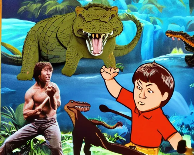 Prompt: steve irwin with dingo and crocodile and bruce lee, waterfall background, epic colorful hyper detailed cinematic still