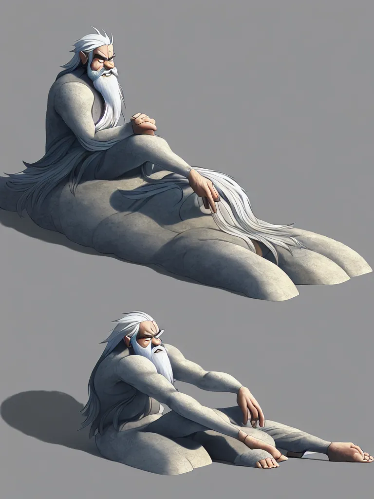 Image similar to the whole body of fuxi in chinese mythology, long white hair, long white beard, animation style, in style of makoto shinkai, raphael lacoste, kind and solemn, sit on the ground, 3 d render, hyper detailed, 4 k hd