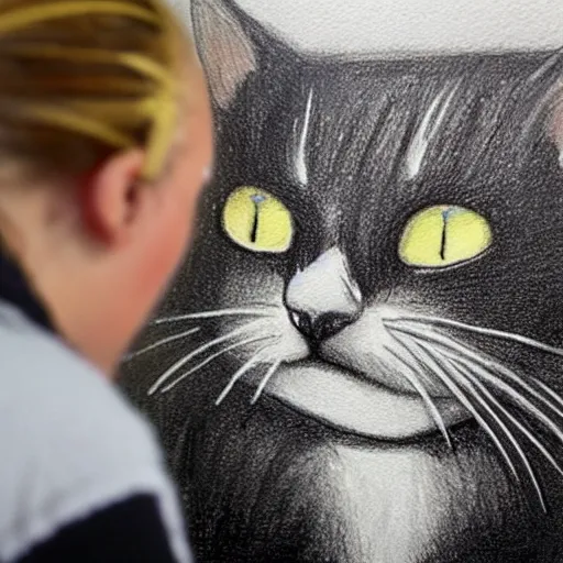 Prompt: An artist cries while painting a simple drawing of a cat