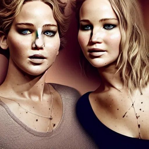 Image similar to beautiful serene intricate portrait of jennifer lawrence and jennifer lawrence, smiling softly, wearing casual clothes, relaxing on the couch, interior lighting, peaceful living room interior, soft focus, 8 k, art by irakli nadar, hyperrealism, hyperdetailed, ultra realistic