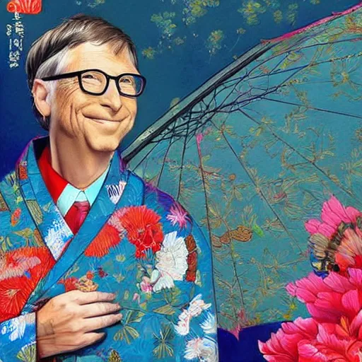 Image similar to Bill gates wearing a kimono, drawn in the style of Konstantin Razumov, Stanley Artgerm Lau and Rossdraws, extremely detailed, fractal frame