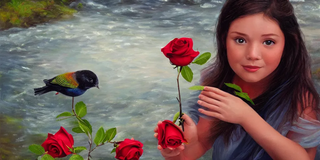 Prompt: portrait of bird holding a rose in a river. hyperrealistic oil painting, 4k, studio lightning, very detailed faces