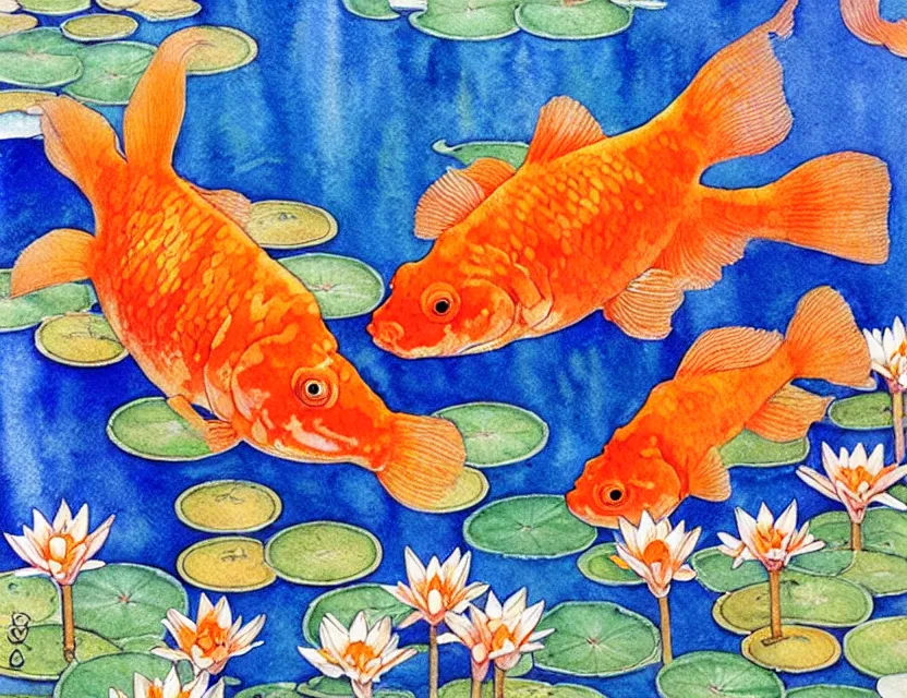 Prompt: one photo realistic orange comet goldfish swimming in a pond full of lily pads, art by walter crane and kay nielsen, beautiful composition, interesting color scheme and intricate details, watercolor art