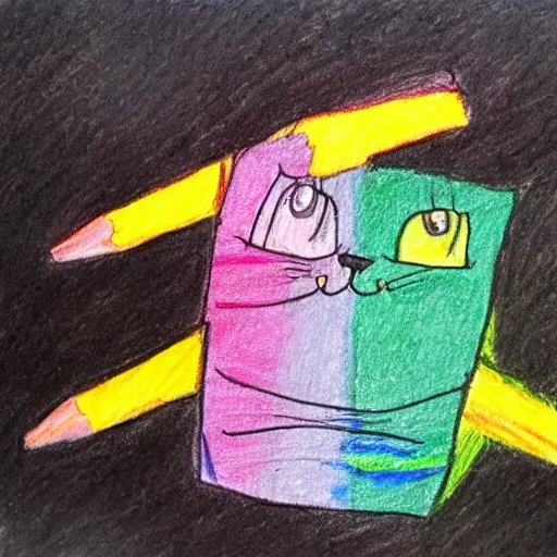 Image similar to crayon drawing of a cat bleeding out, drawn by a 6 year old