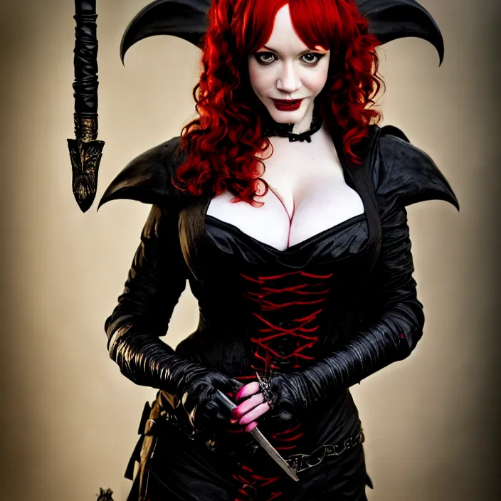 Image similar to professional full length photograph of christina hendricks as a vampire warrior. Extremely detailed. 8k