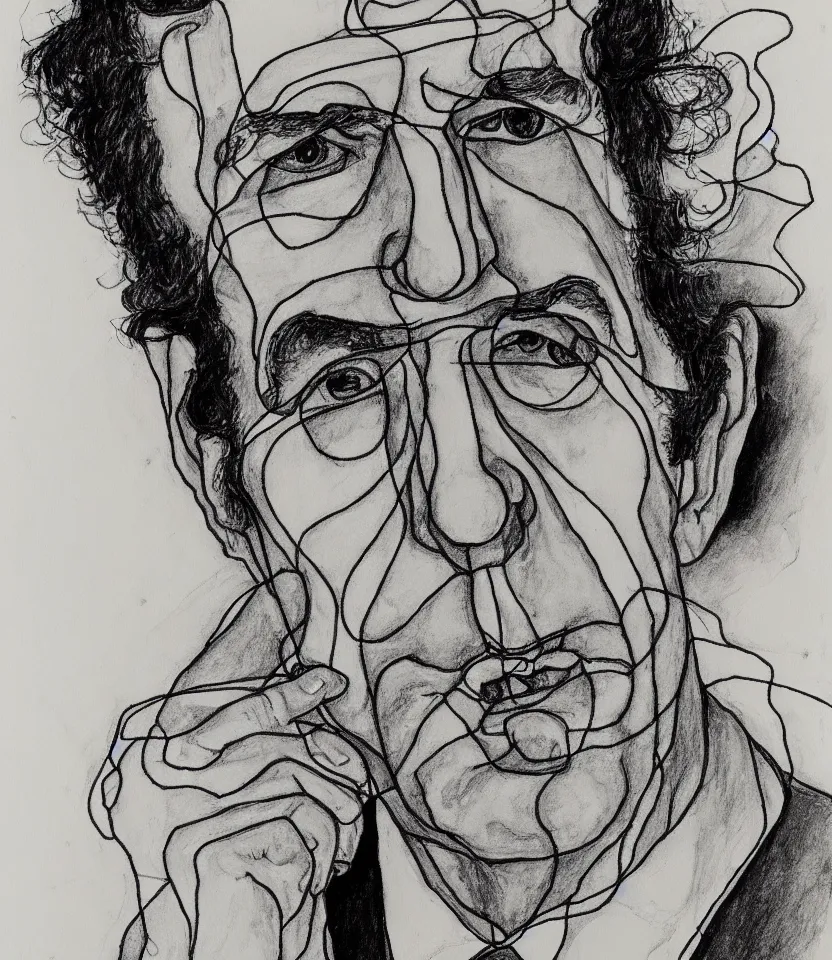 Prompt: line art portrait of leonard cohen inspired by egon schiele. contour lines, twirls and curves, musicality, rapid sketch