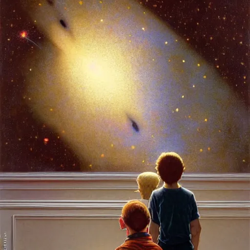 Image similar to a 1 2 year old boy and 1 0 year old girl looking at a wall and viewing the universe full of galaxies, part by norman rockwell, part by greg rutkowski, part by mattias adolfsson, high angle, ( ( ( ( volumetric lighting ) ) ) ), oil on canvas - 7 6 8