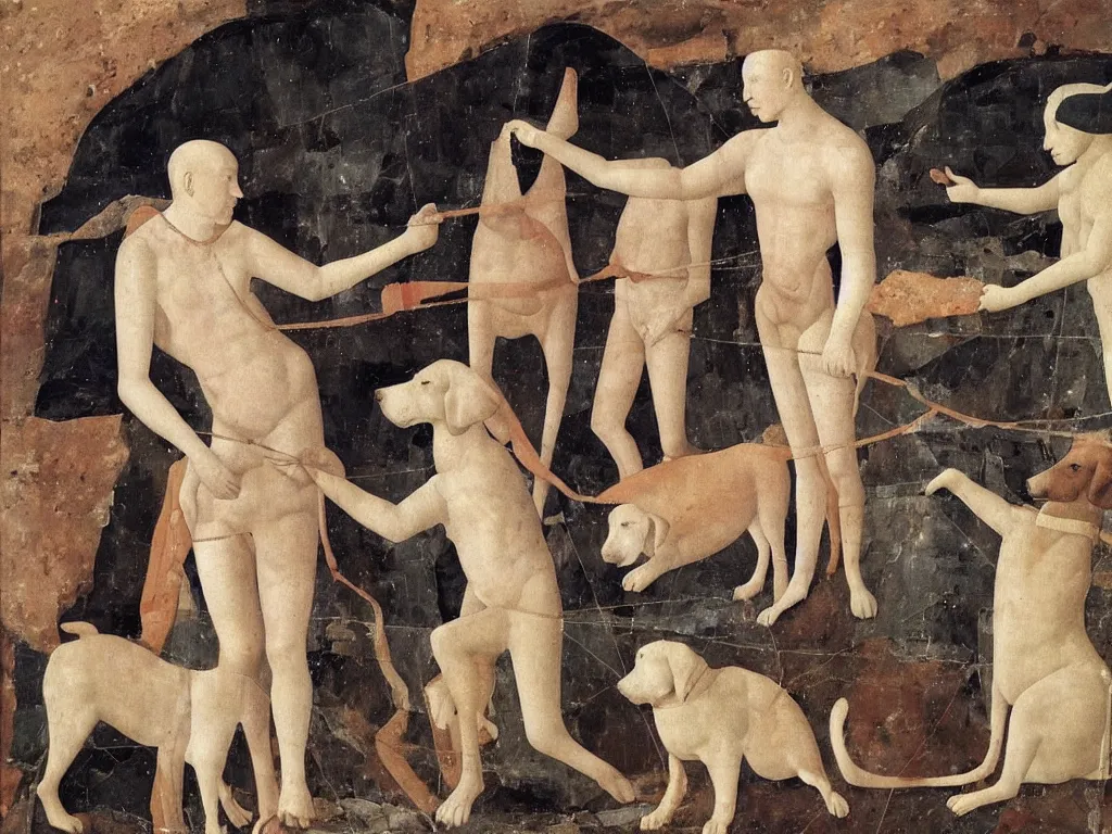 Prompt: Young men with dogs inside a crystal cave. Painting by Piero della Francesca.