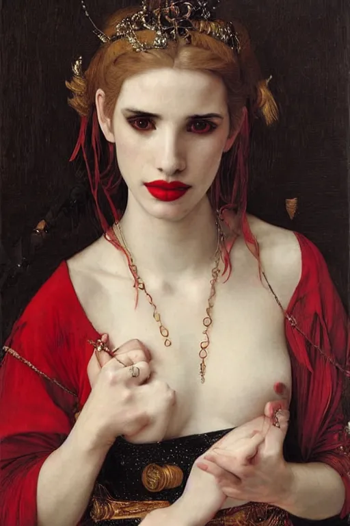 Image similar to emma roberts as a bandit queen, goddes of the vampires, red silk dress, bloodshot eyes by edgar maxence and caravaggio and michael whelan and delacroix