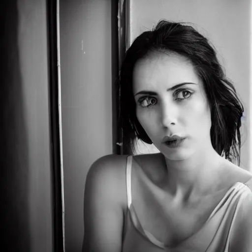 Image similar to black and white fashion photograph highly detailed portrait of a depressed beautiful 35 years old model woman standing by the window, natural light, lomo, fashion photography, film grain, soft vignette, sigma 85mm f/1.4 1/10 sec shutter