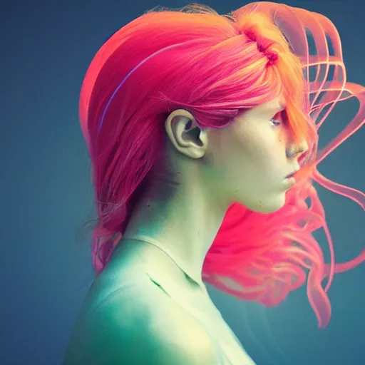Prompt: flume and former cover art future bass girl un wrapped statue bust curls of hair petite lush side view body photography model full body jellyfish lips untouched art contrast vibrant futuristic fabric only skin jellyfish material style of Jonathan Zawada, Thisset colours simple background objective