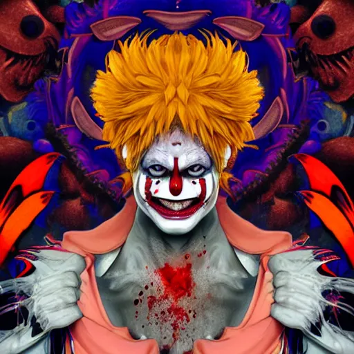 Image similar to 4K headshot of scary clown with defined arms and open hands and bloody clothes with giant mandala wings , intricate face , flawless anime cel animation by Kentaro Miura, psychedelic , highly detailed upper body , professionally post-processed , beautiful, scary, symmetry accurate features, epic, octane rendered, anime masterpiece, accurate