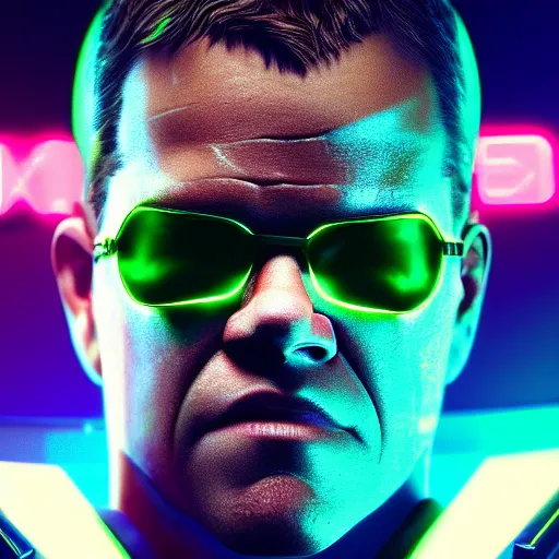 Image similar to matt damon portrait, cyberpunk 2 0 7 7, cyberpunk jackie welles, photorealistic, ultra detailed, neon, octane, bokeh, cinematic lighting, cyber, cyberpunk city, studio quality, feature, scars, cyberface, 8 k
