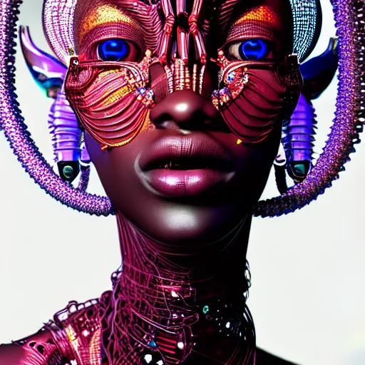 Image similar to portrait of an absurdly beautiful, graceful, sophisticated, fashionable african cyberpunk mechanoid gravure idol, hyperdetailed illustration by irakli nadar, adut akech, matt wisniewski style, intricate linework, white porcelain skin, jellyfish headdress, crystal ruff, unreal engine 5 highly rendered, global illumination, red light, detailed and intricate environment