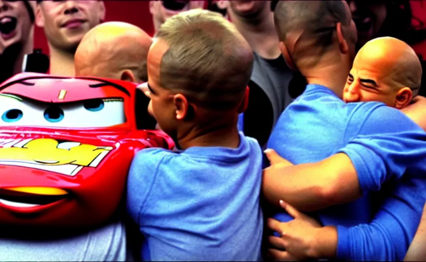 Image similar to lightning mcqueen hugging vin diesel