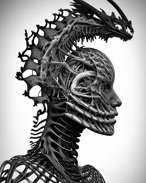 Image similar to a black and white high quality photo of a young beautiful female queen-dragon-cyborg bust with a very long neck and Mandelbrot fractal face, Mandelbrot fractal skin, flesh, anatomical, facial muscles, veins, arteries, elegant, highly detailed, flesh highly baroque ornate, hair are wired cables, elegant, high fashion, rim light, octane render, in the style of H.R. Giger, Louis Daguerre and Man Ray, Realistic, Refined, Digital Art, Highly Detailed, Cinematic Lighting, rim light, black and white, photo-realistic, 8K
