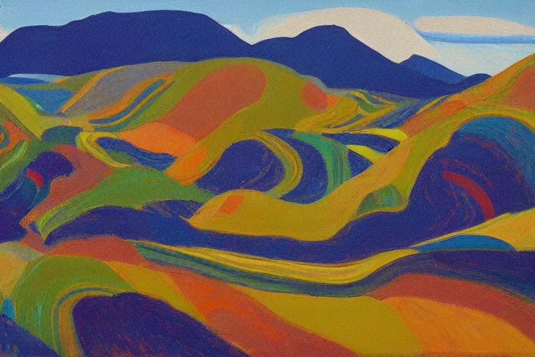 Prompt: Landscape painting. Wild energy patterns rippling in all directions. Curves, zig-zags. Organic. Mountains. Clouds. Vegetation. Rushing water. Waves. LSD. Wayne Thiebaud