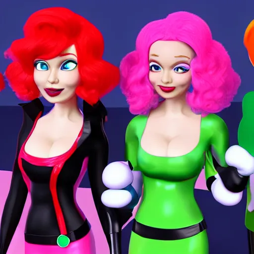 Image similar to christina hendricks as powerpuff girls characters, 3 d render, blender,