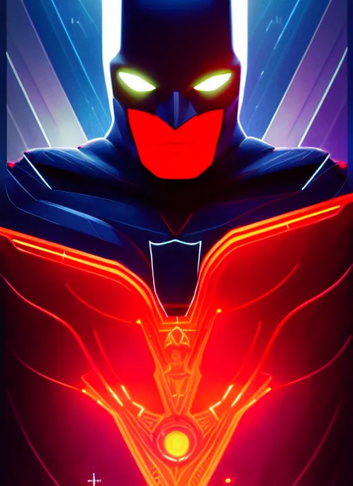 Image similar to symmetry!! portrait of batman beyond, sci - fi, tech wear, glowing lights!! intricate, elegant, highly detailed, digital painting, artstation, concept art, smooth, sharp focus, illustration, art by artgerm and greg rutkowski and alphonse mucha