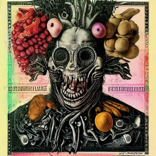 Image similar to post - punk new age album cover, asymmetrical design, dollars, bank notes, magic, apocalypse, psychedelic, black white pink, magic, giger h. r., giuseppe arcimboldo