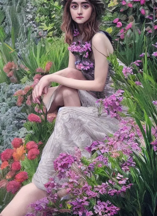 Prompt: a beautiful portrait of Natalia Dyer sitting in a stunning garden, Artgerm, hyperdetailed, realistic