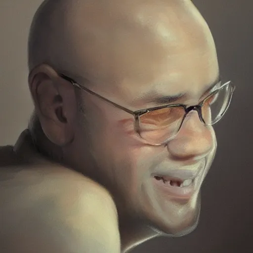 Prompt: a head - on detailed oil portrait of a friendly round - faced bald male monk with a friendly smile, by charlie bowater, lise deharme, wlop, trending on artstation, dungeon and dragons art, critical role