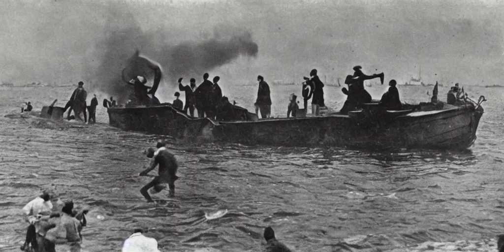 Image similar to a boat being grabbed by a giant underwater hand while people run away, 1 9 0 0 s photograph