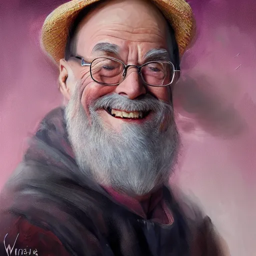 Prompt: terry pratchett laughing, portrait by wlop and ross tran, colorful