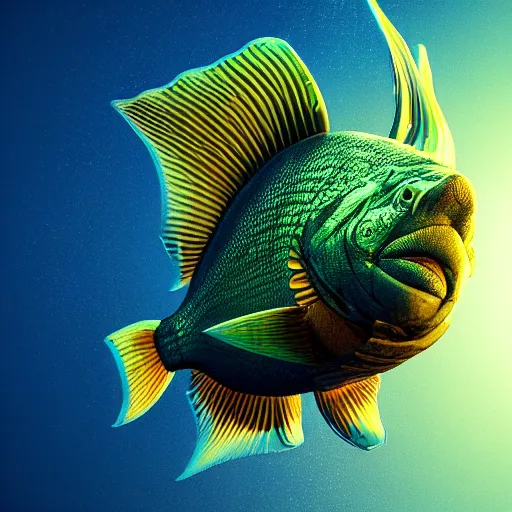 Image similar to a hyperrealistic 3 d octane render of a fish populated by mandelbrot fractals, unreal engine, dramatic lighting, volumetric lighting, backlit, vray lighting, ray tracing, ultra detailed, photorealism, neon, glowing