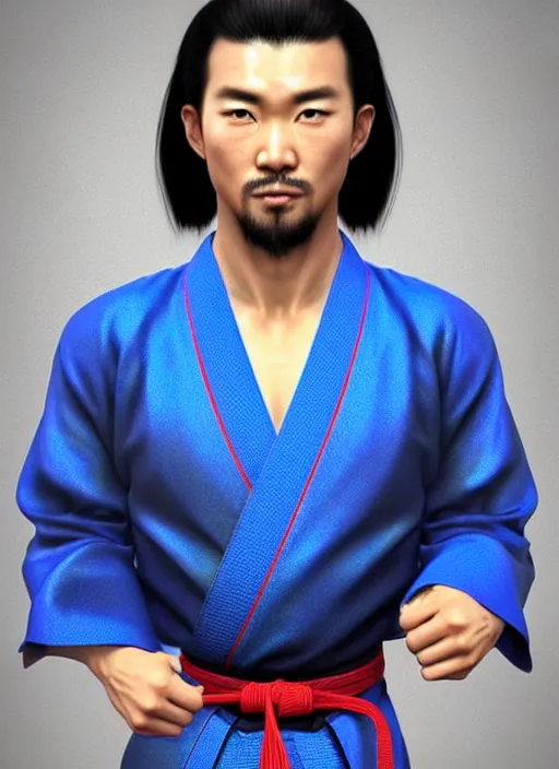 Prompt: male martial artist with a manchu hairstyle!!!! asian facial features and blue eyes!! intricate ornate blue robes!! character concept art, sharp focus, octane render! unreal engine 5! highly rendered!! trending on artstation!! detailed linework!! illustration by artgerm, wlop, and chie yoshii