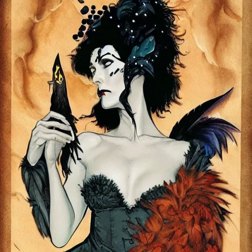 Image similar to jennifer connelly as odile, gothic dark fae disney villain with black feathers instead of hair, girlboss, dominant, zero g, feathers growing out of skin, pulp sci fi, mike mignola, david mack, romantic, comic book cover, vivid, beautiful, illustration, highly detailed, oil painting