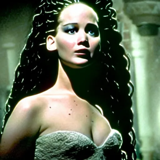 Image similar to jennifer lawrence as the bride of frankenstein, color photography, sharp detail, still from the movie mary shelly's frankenstein