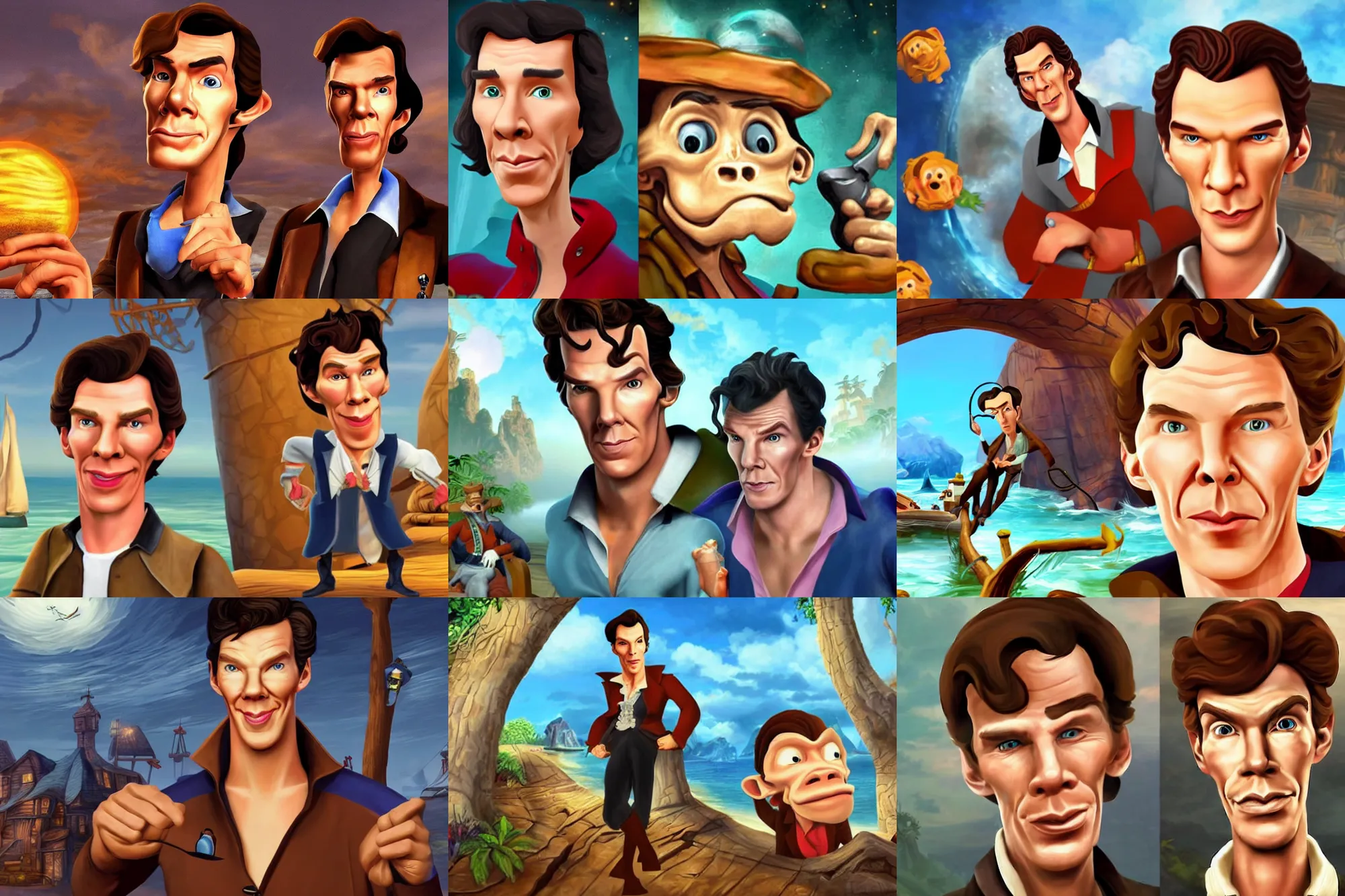 Prompt: a screenshot of benedict cumberbatch in the video game monkey island 2. amazing likeness. very detailed. cartoon caricature.