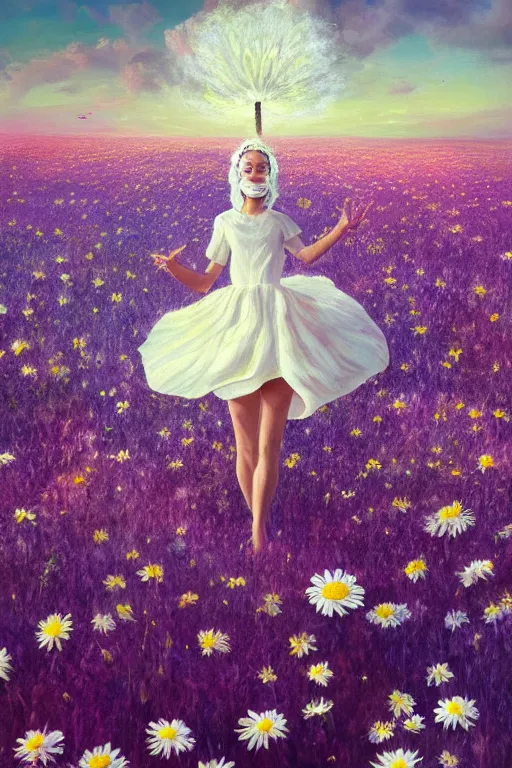 Image similar to giant white daisy flower as head, girl dancing in a flower field, surreal photography, sunrise, dramatic light, impressionist painting, colorful clouds, digital painting, artstation, simon stalenhag