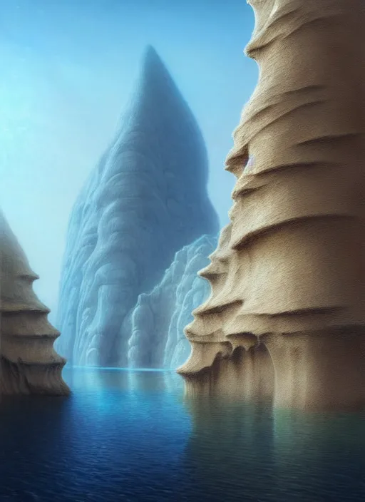 Prompt: a hyper - detailed 3 d render of the aquatic - cliffs of the great sand sea, surrealism!!!!! surreal concept art, lifelike, photorealistic, digital painting, aesthetic, smooth, sharp focus, artstation hd, by greg rutkowski, bruce pennington, valentina remenar and asher duran,