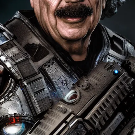 Image similar to 'Albert Einstein'! as Batman in Gears of War, splash art, movie still, detailed face, cinematic lighting, dramatic, octane render, long lens, shallow depth of field, bokeh, anamorphic lens flare, 8k, hyper detailed, 35mm film grain