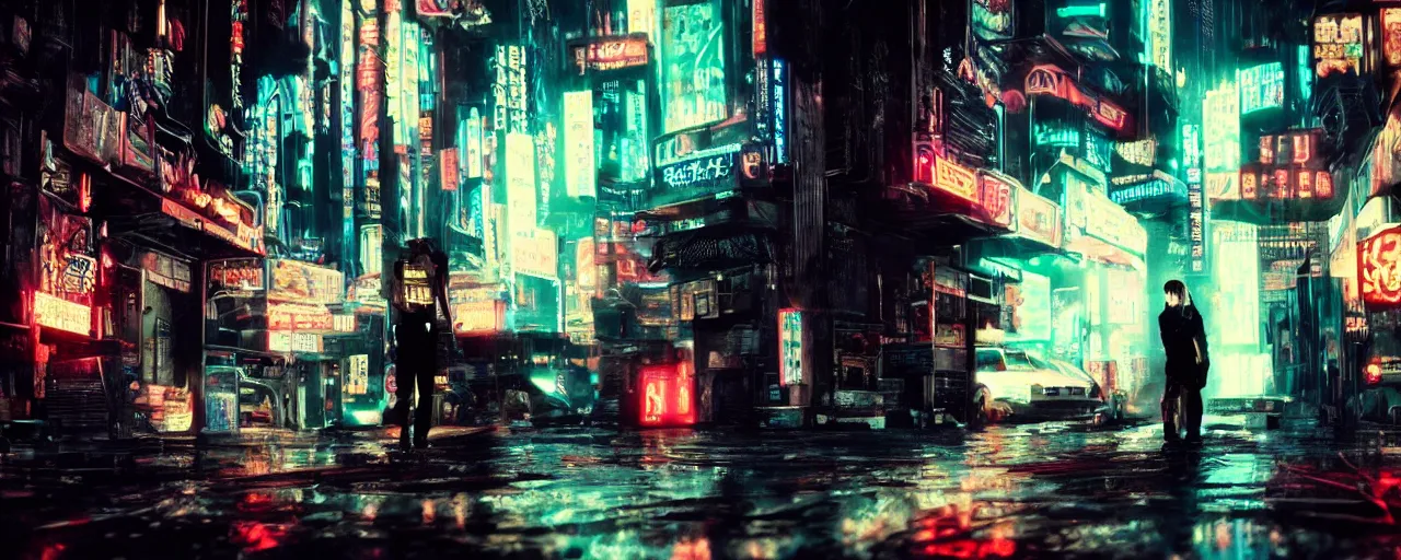 Image similar to gangster in cyberpunk night adult club, 3 5 mm, low angle, blade runner, akira, cinematic angle, cinematic lighting, reflections, action, fight