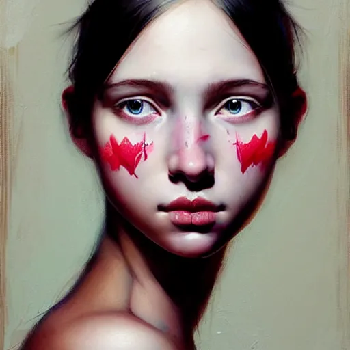 Image similar to Facial portrait of a pretty young cute girl, looking at the camera, slight awkward smile, lips slightly parted, no hands visible, extremely detailed painting by Greg Rutkowski and by Henry Justice Ford and by Harumi Hironaka