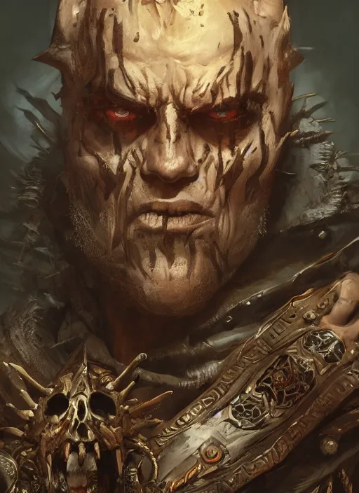 Image similar to An epic fantasy comic book style portrait painting of a supreme necromancer warlord with many undead and skeleton warriors around him, painted by craig mullins, unreal 5, DAZ, hyperrealistic, octane render, cosplay, RPG portrait, dynamic lighting